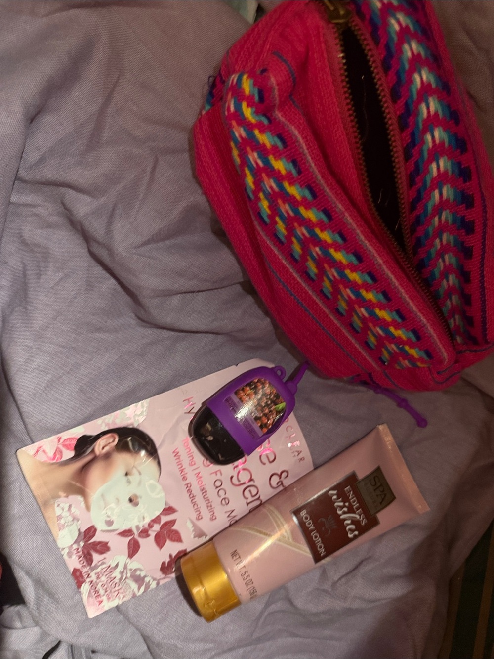 Pink Woven Travel Cosmetic Pouch filled